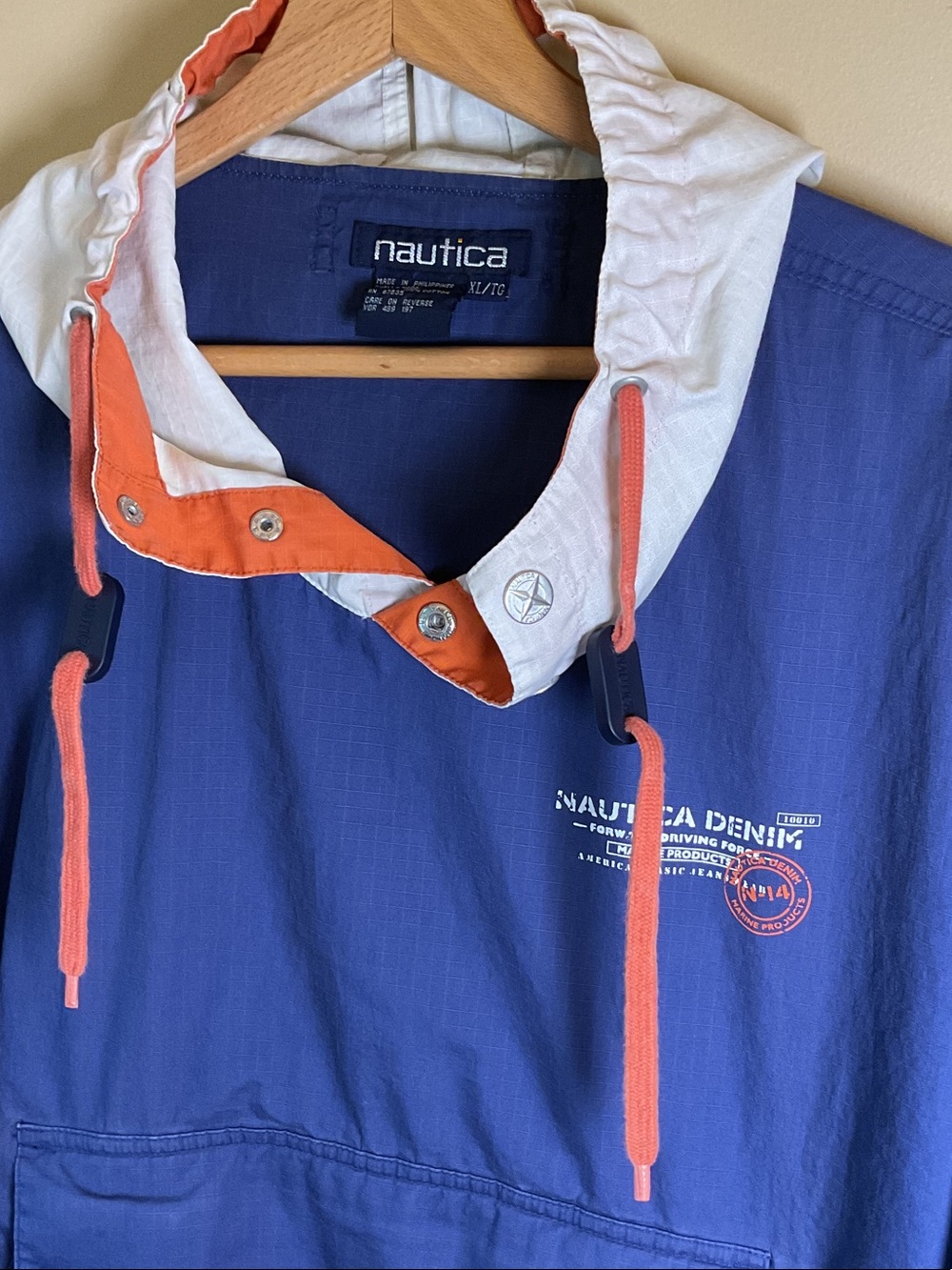 Vintage Nautica Denim 100% Cotton Hooded Pullover with Orange Trim Size XL